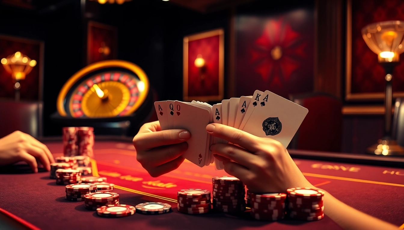 Engaging scene showcasing high-stakes gambling at tylenhacai7.com casino with poker chips and cards.