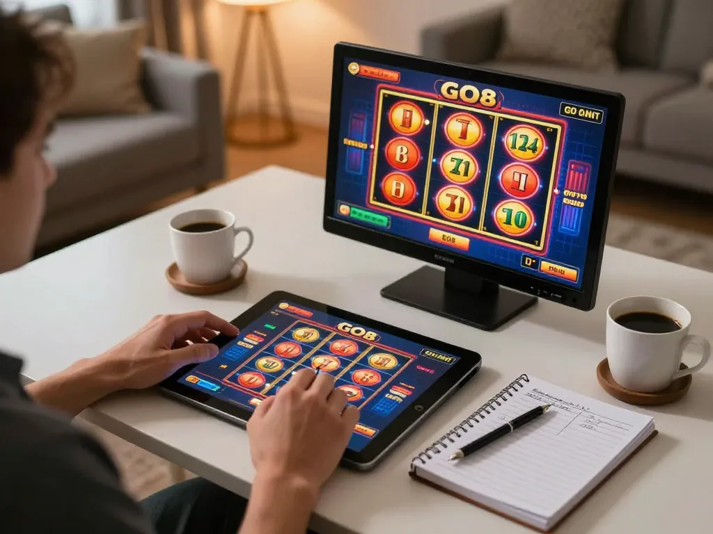 Player engaging with GO8 slot games on tablet in a cozy home setting, showcasing immersive online casino gaming.