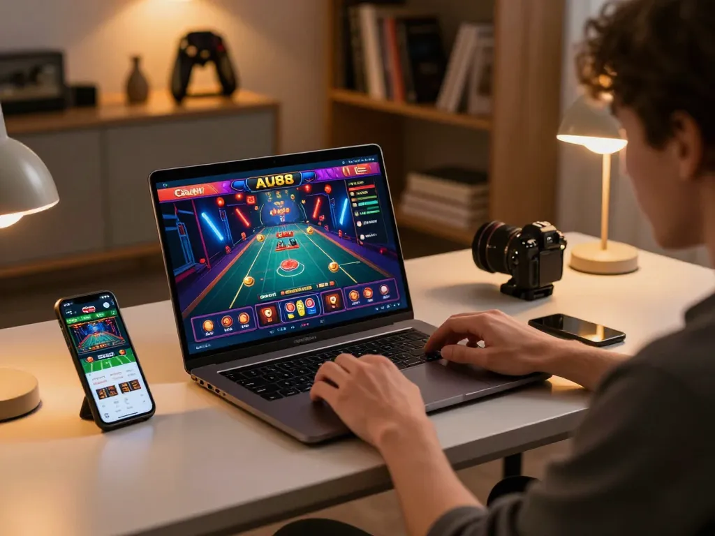 Engaging with the AU88 platform on a sleek laptop, showcasing responsible online gambling.