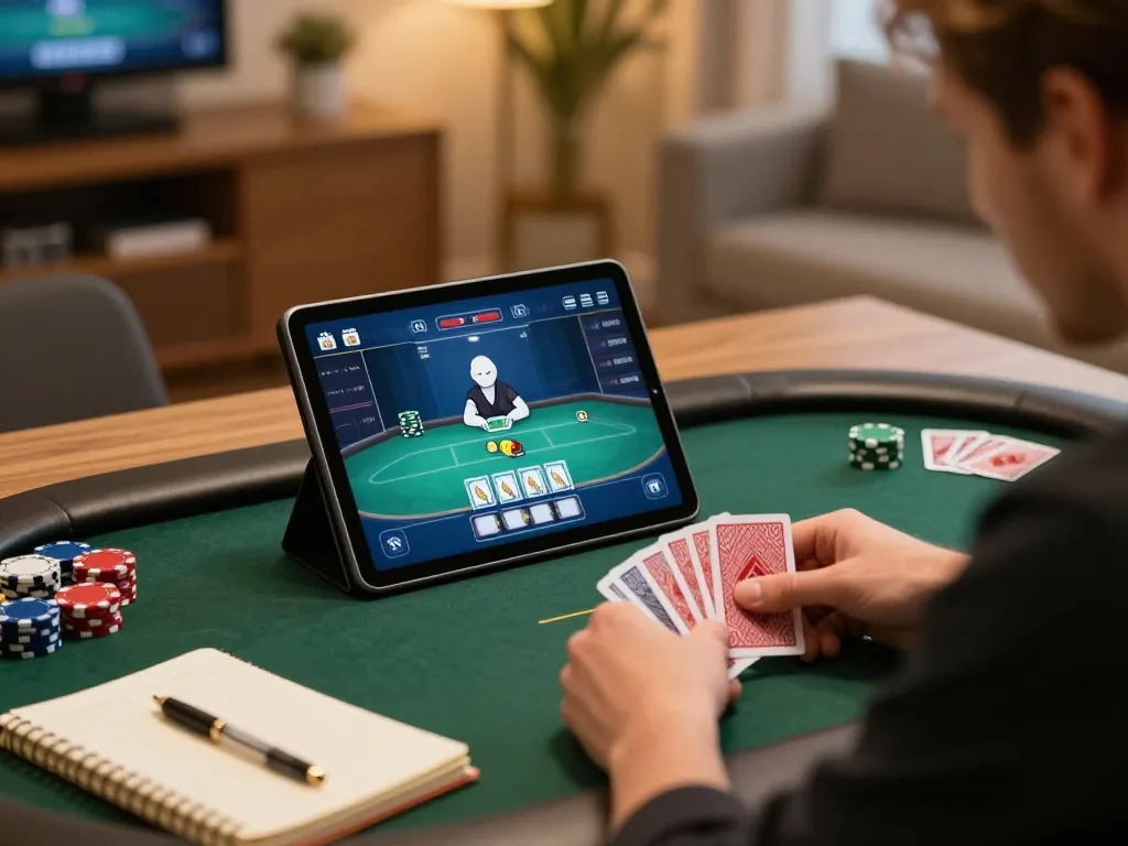King79 player engaging in a focused online poker game using tablet and strategy notepad