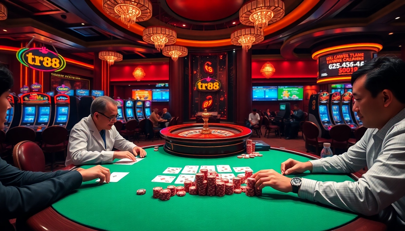 Experience the thrill of tr88 at a premium casino poker table with vibrant chips and cards.