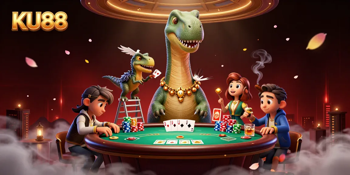 Experience thrilling moments at KU88 with giant characters in a vibrant casino scene.