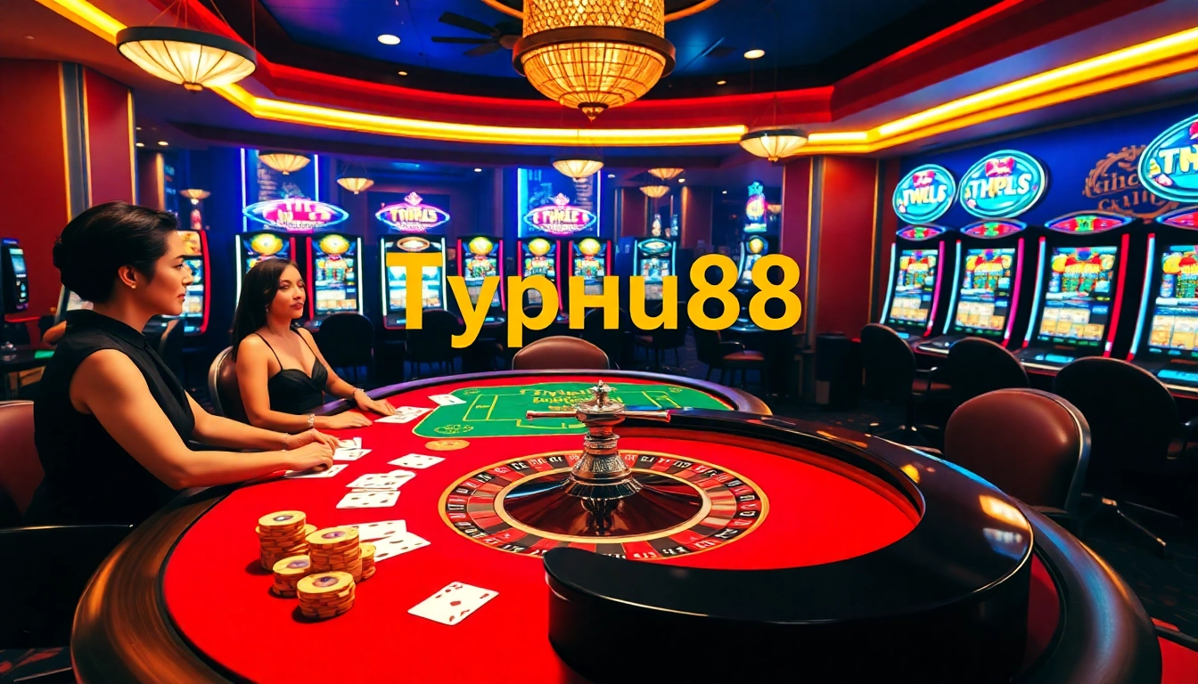 Exciting gameplay at Typhu88 casino showcasing poker chips and a roulette table.