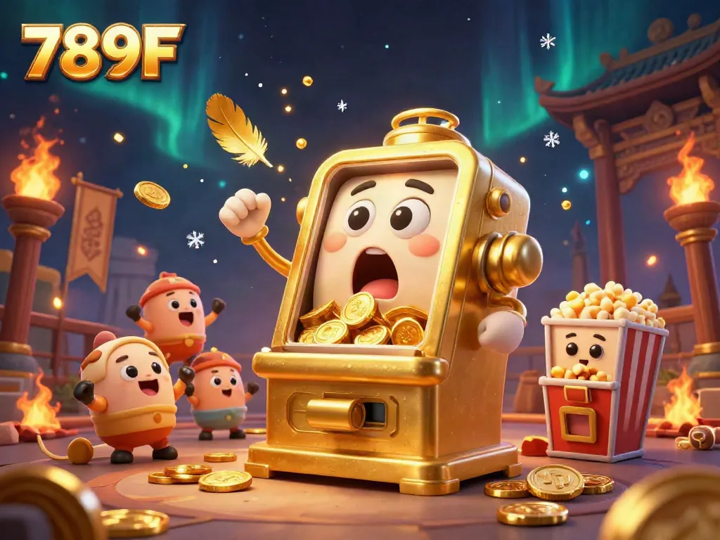 Engage with 789F's animated slot machine hitting a jackpot, surrounded by cheering smaller machines and golden particles.