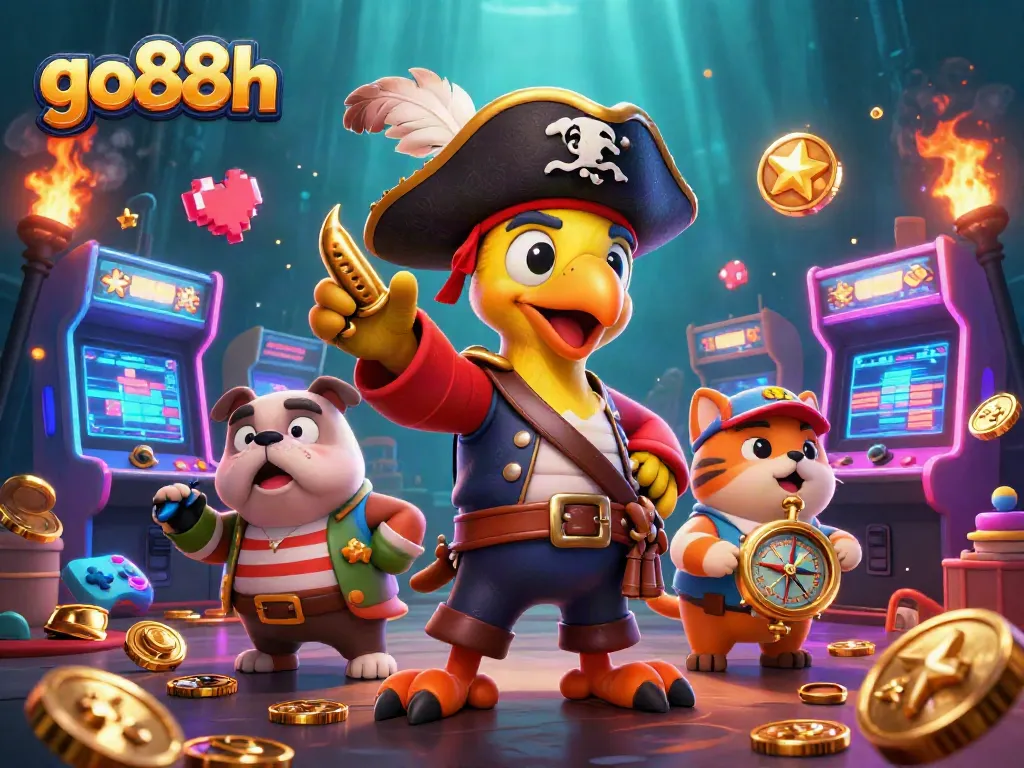 Engage with go88h's thrilling gaming adventure featuring colorful arcade machines and pirate characters.