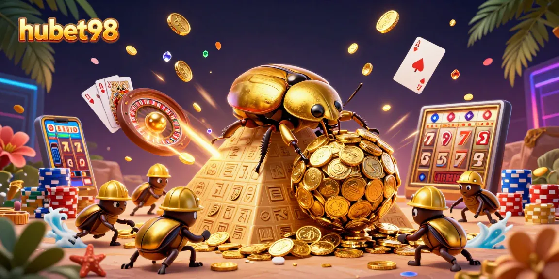 Experience hubet98 with golden coins, casino elements, and beetles in a vibrant 3D scene.