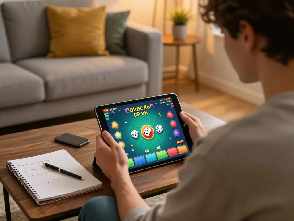 Engaging in an online game tài xỉu on a tablet with strategy notes in a cozy living room.