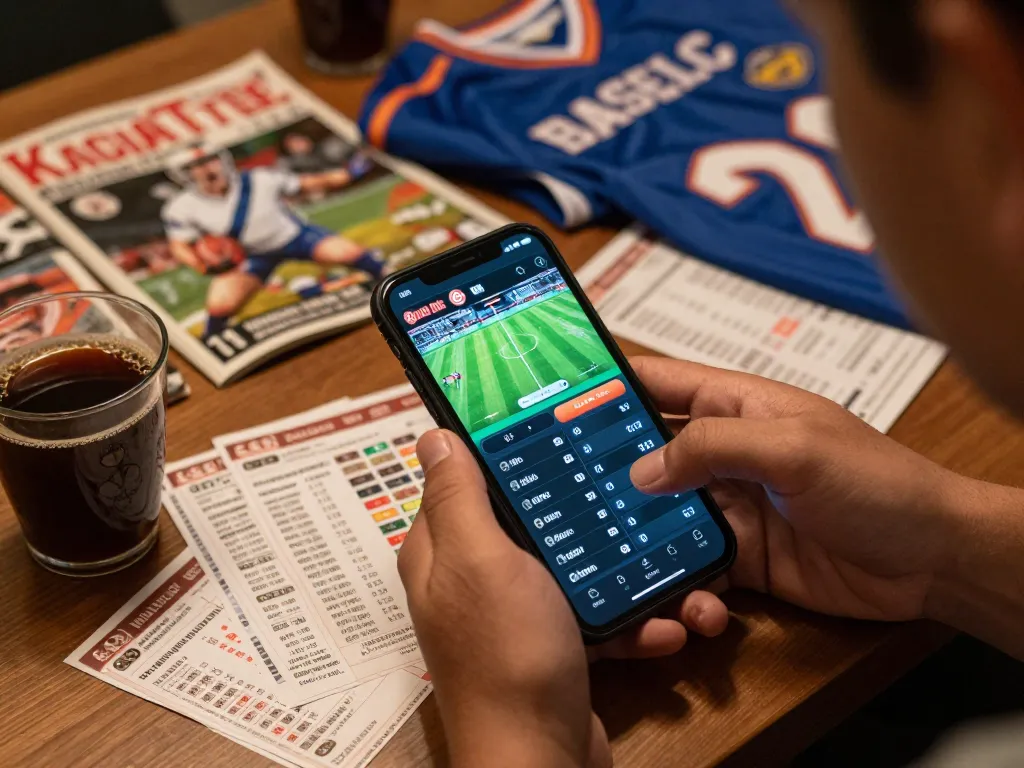 Engaging sports betting session showcasing keo nha cai odds on smartphone, with strategic atmosphere.