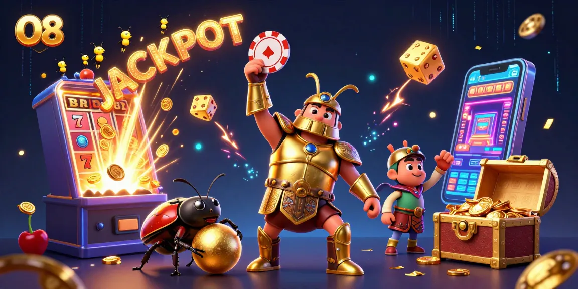 O8 presents an exciting jackpot scene featuring a victorious beetle alongside dynamic casino elements.