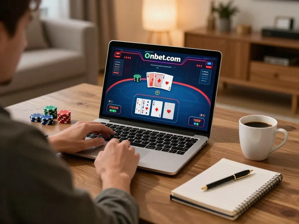 Player enjoying an online poker game at home with onbet.com interface on screen.