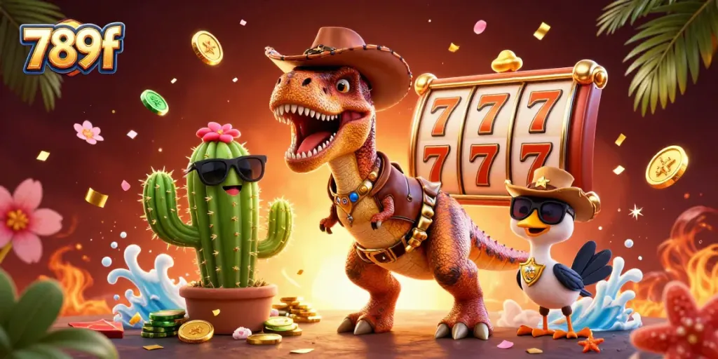 Experience the thrill of betting with 789f in a vibrant 3D casino scene featuring T-Rex and friends.