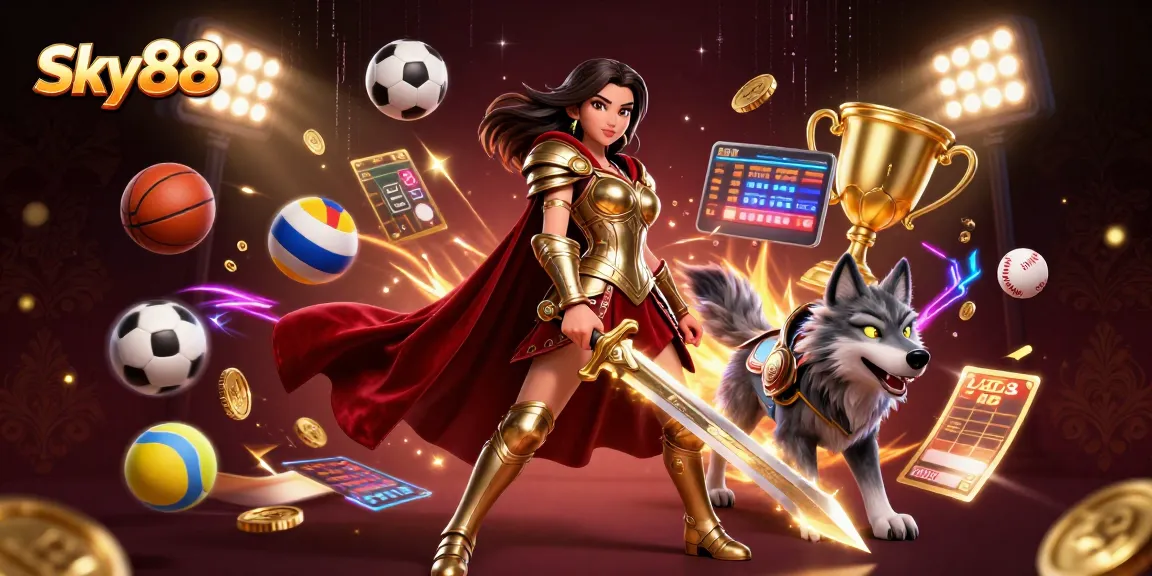 Sky88 showcases thrilling sports betting action with energetic visual elements and engaging characters.