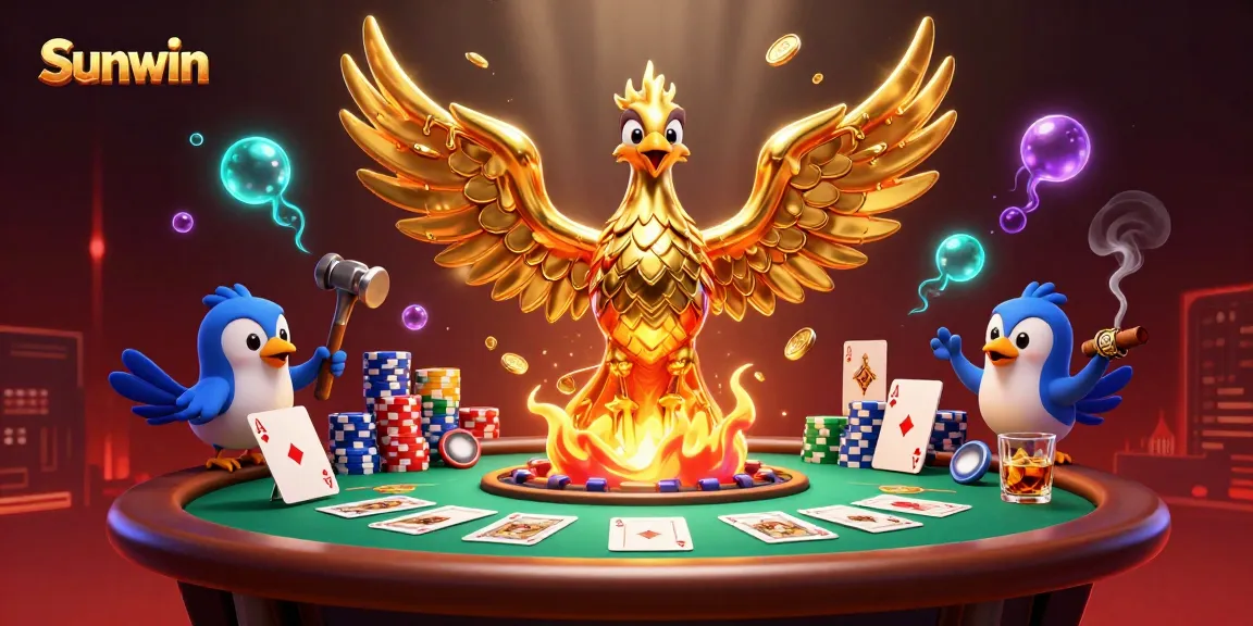 Experience Sunwin's thrilling gambling with a dynamic scene of golden creatures and poker excitement.