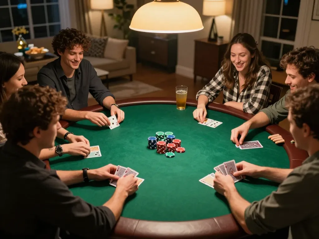 Players enjoying poker night at home, engaging in strategy with 33win insights.