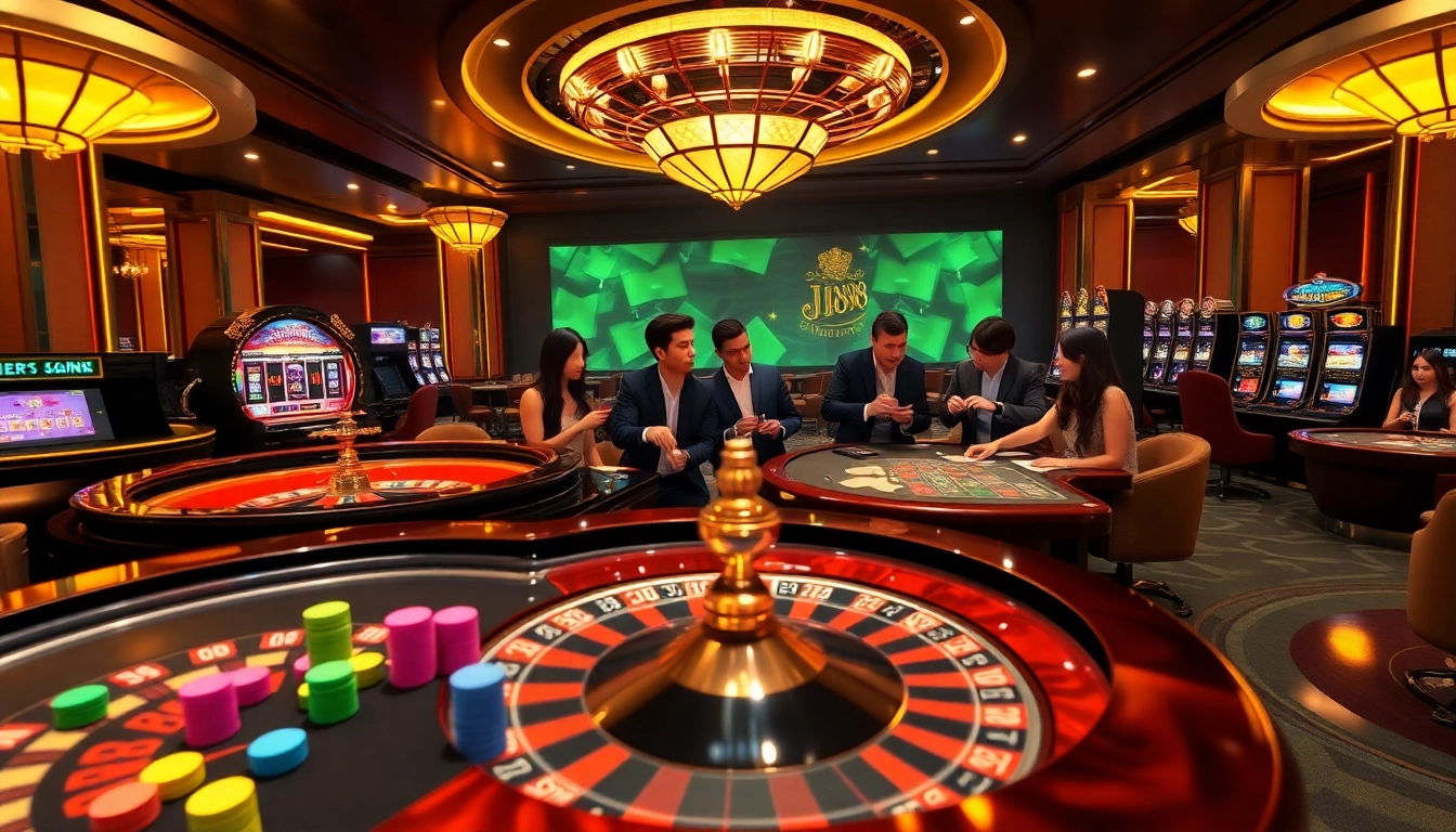 Experience the thrill of Jun88 at a luxurious online casino table with poker chips and roulette.