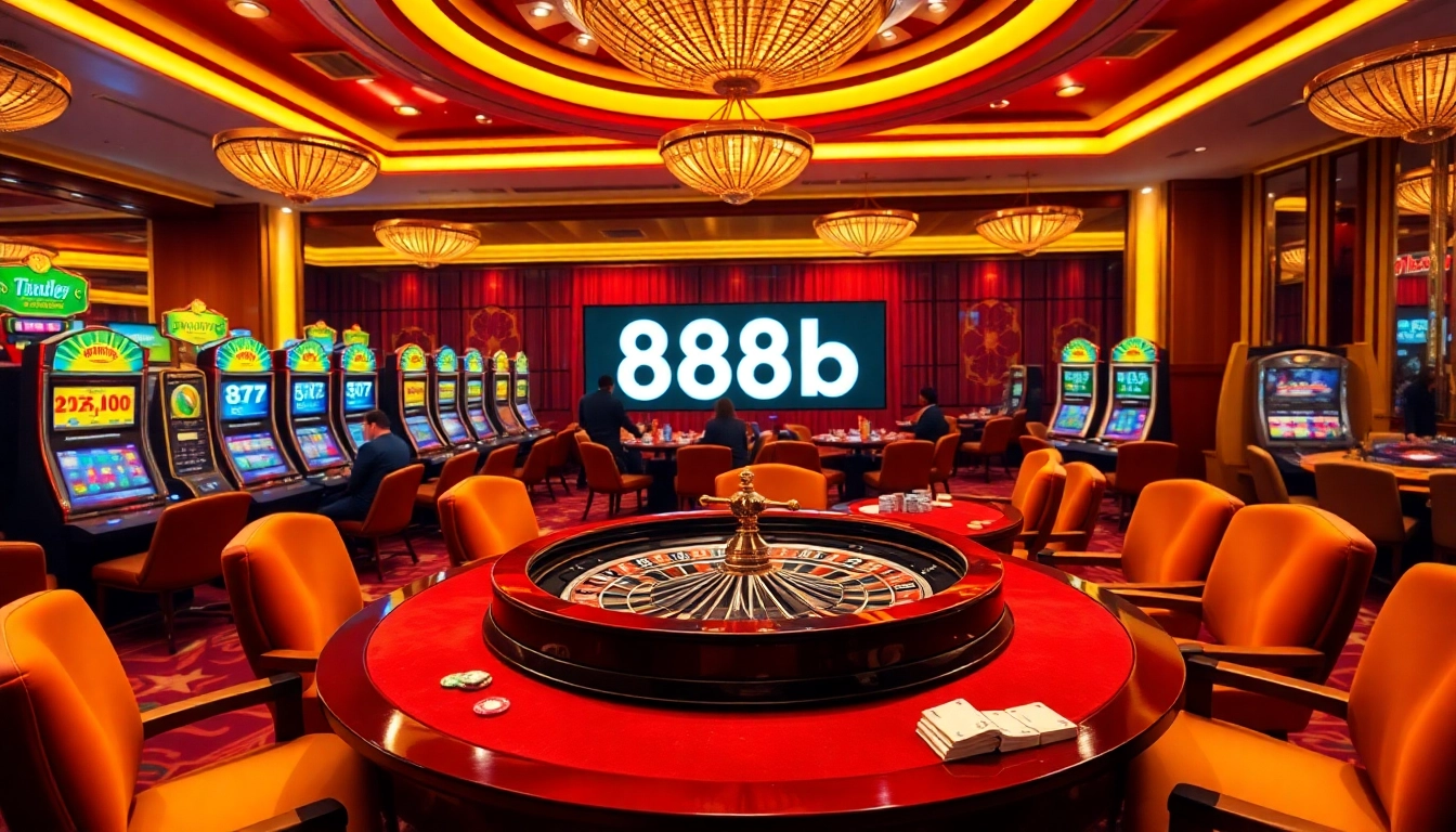 Play exciting casino games at 888b featuring a luxurious roulette table and vibrant slot machines.
