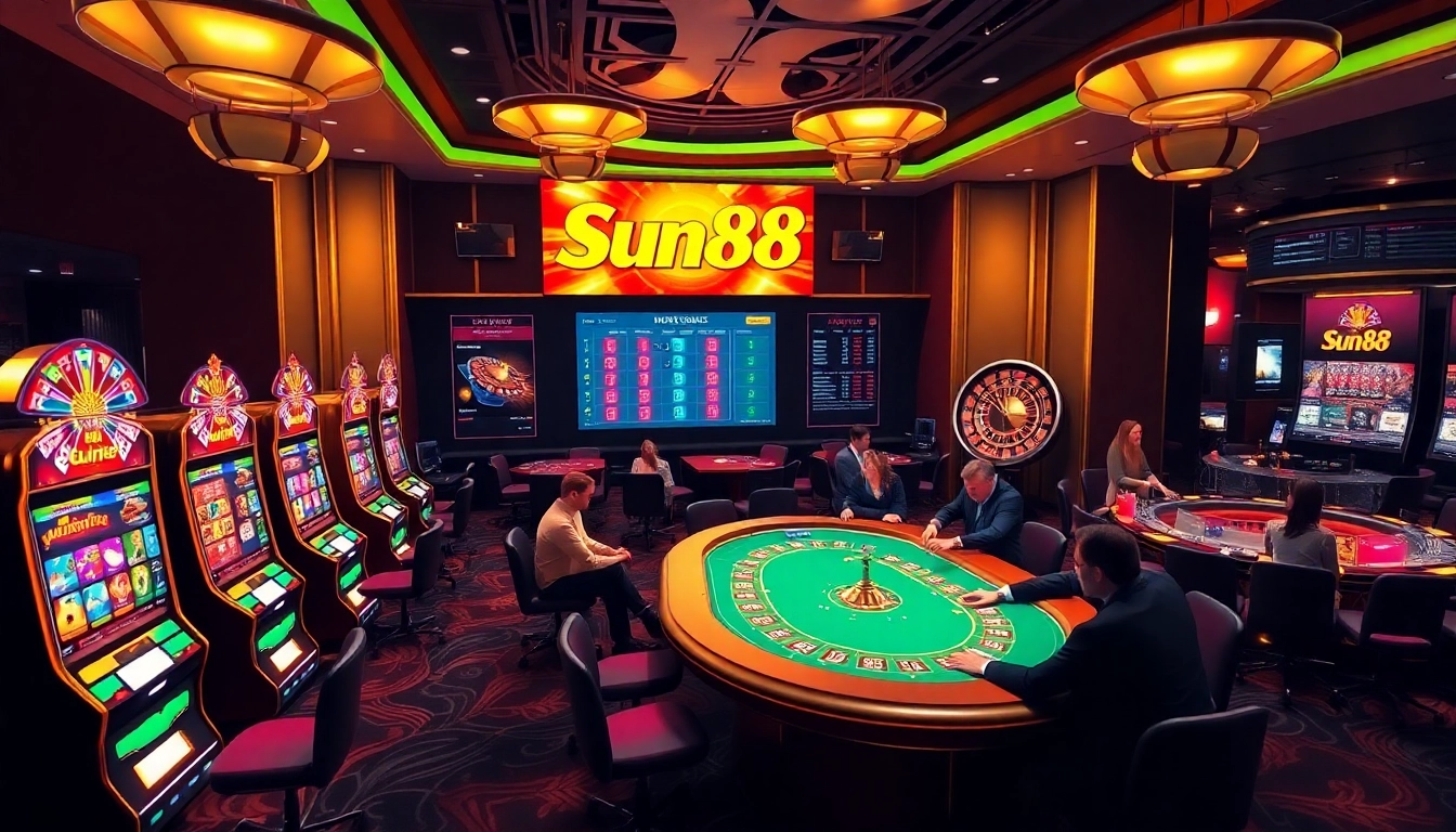 Exciting scene showcasing gamblers enjoying Sun88 APK gaming at luxurious casino tables and vibrant slot machines.