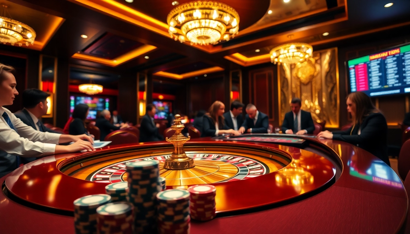 Exciting gaming action at a luxury casino table featuring roulette from https://nohuu.site/ with poker chips and players.