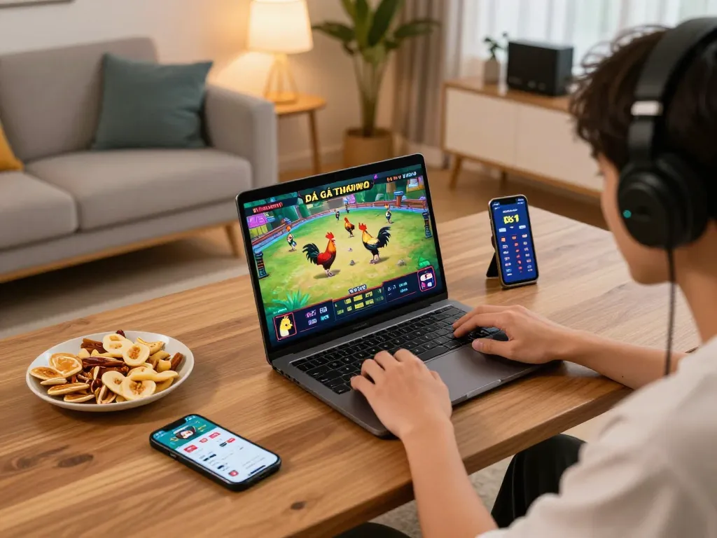 Engaging with Đá gà thomo livestream on a laptop in a cozy home setting, illustrating online betting excitement.