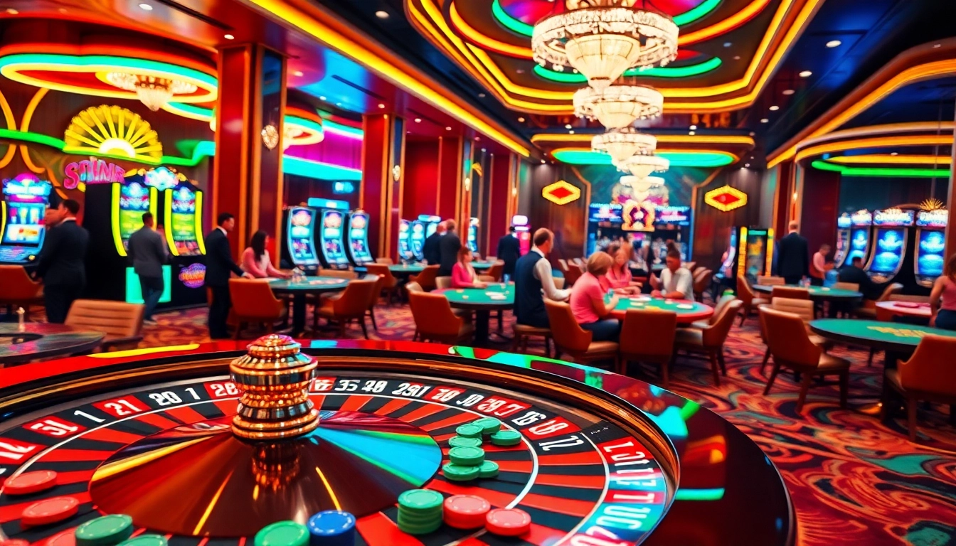 Engaging casino experience with ee88 logo featuring roulette wheel, colorful chips, and excited gamblers.
