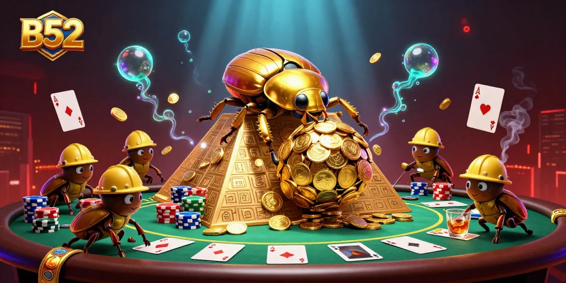 Engage with B52 casino excitement featuring golden beetles and dynamic poker elements.