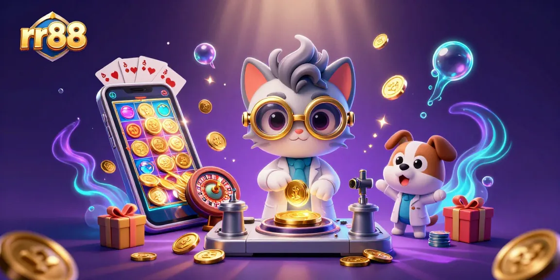 Experience thrilling wins at rr88 with a lively scene of a mad scientist cat and dog in a casino lab.