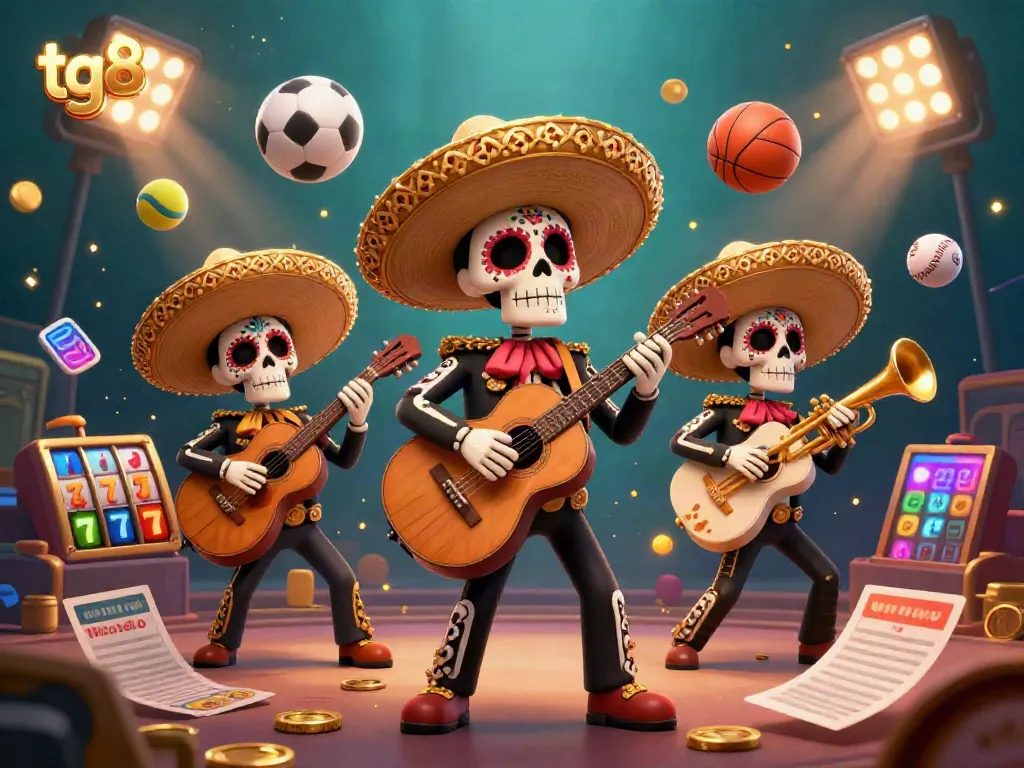 Engage with tg88's vibrant slot gaming scene featuring lively mariachi skeletons amidst dynamic game elements.