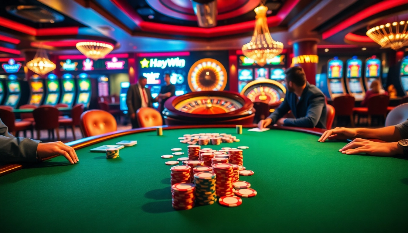 Experience thrilling poker action at Haywin with vibrant chips and cards on a luxurious casino table.