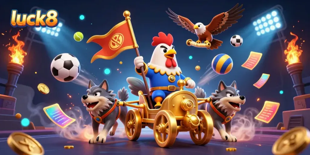 Experience high-stakes action in luck8 with a roaring warlord and dynamic sports elements around.