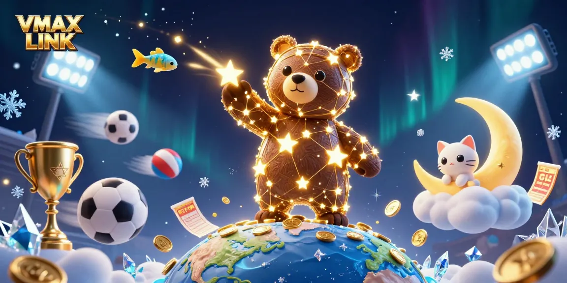 Engage with exciting gameplay on VMAX LINK, where stunning gold-studded bear characters scoop coins amidst vibrant sports elements.