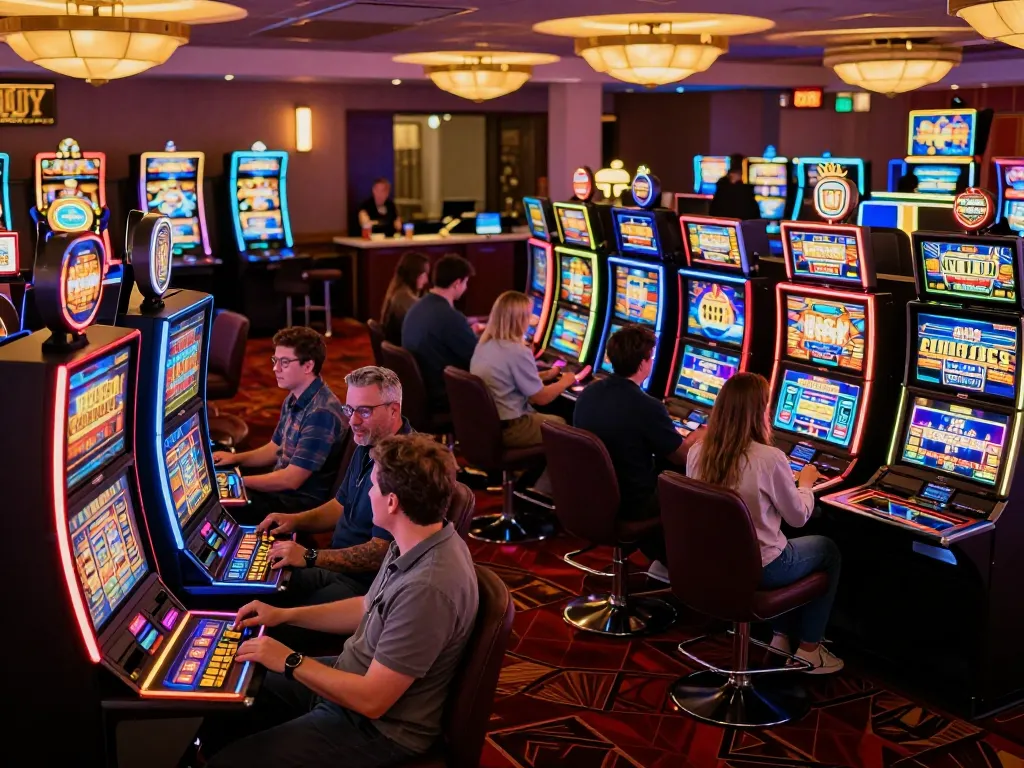 Players enjoying vibrant sunwin slot machines amidst a lively casino atmosphere.