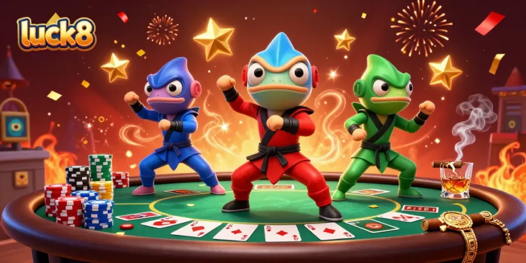 Experience the excitement of luck8 with a dynamic scene featuring chameleon ninjas and poker elements.