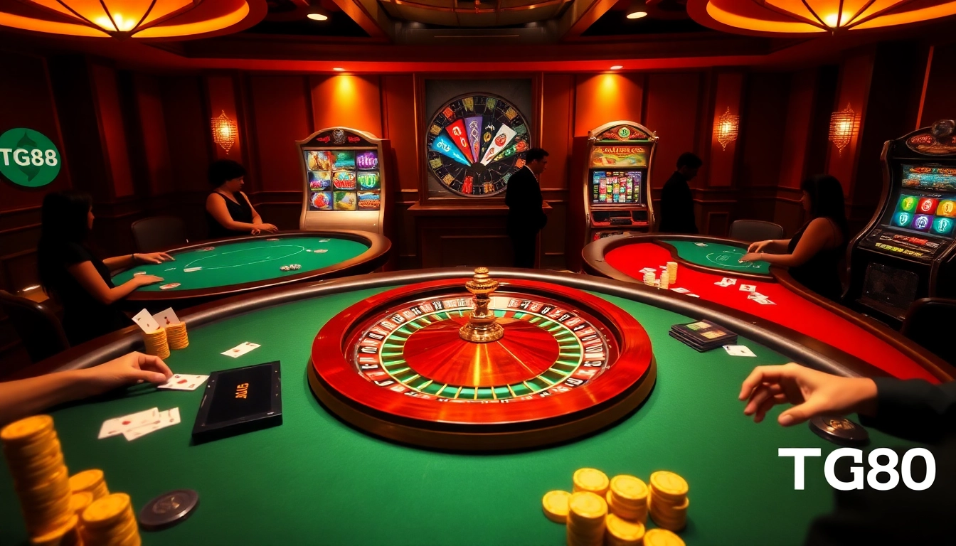 Engaging players at TG88's vibrant casino tables, showcasing roulette and poker excitement.