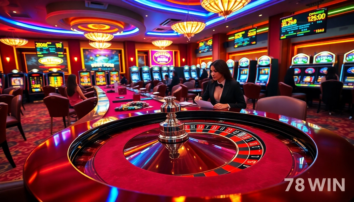 Experience thrilling gameplay at 78WIN with vibrant casino scenes and exciting gambling elements.