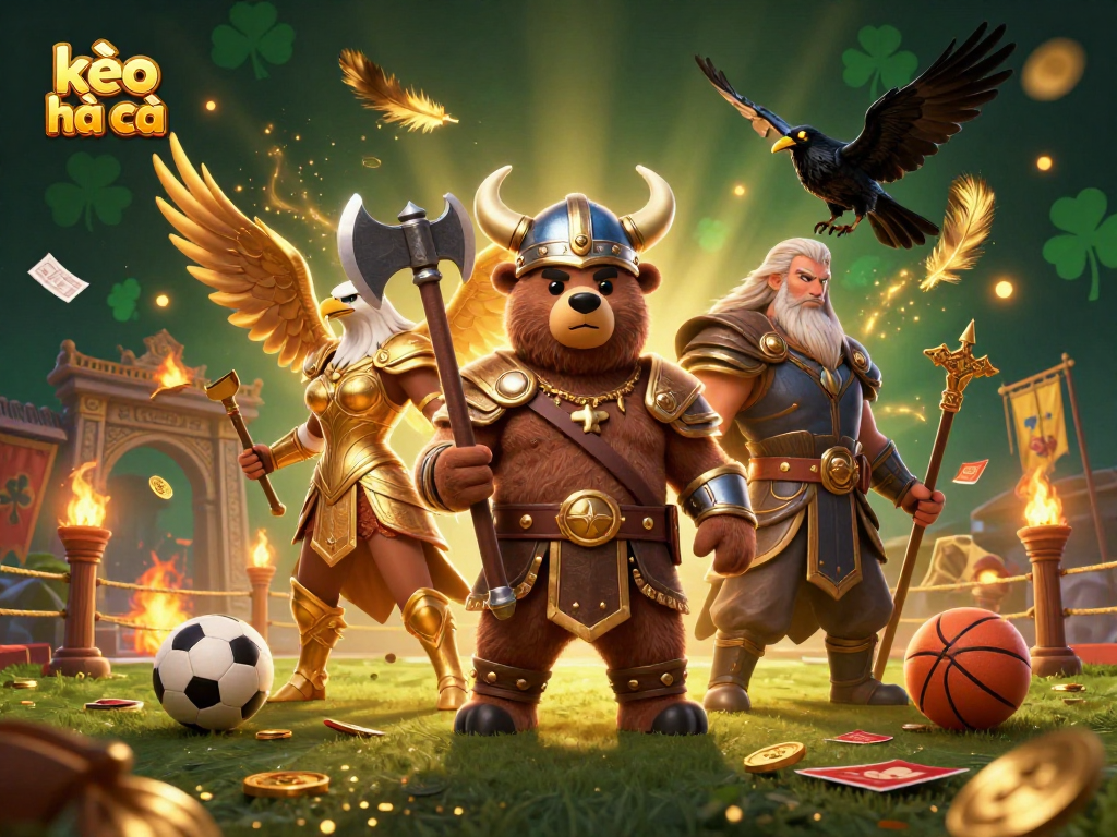 Engage with kèo nhà cái through this dynamic 3D illustration of betting champions in a vibrant gaming arena.