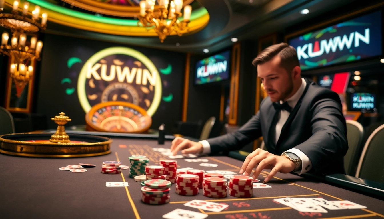 Excited player betting at a luxurious casino table featuring KUWIN cards and vibrant poker chips.