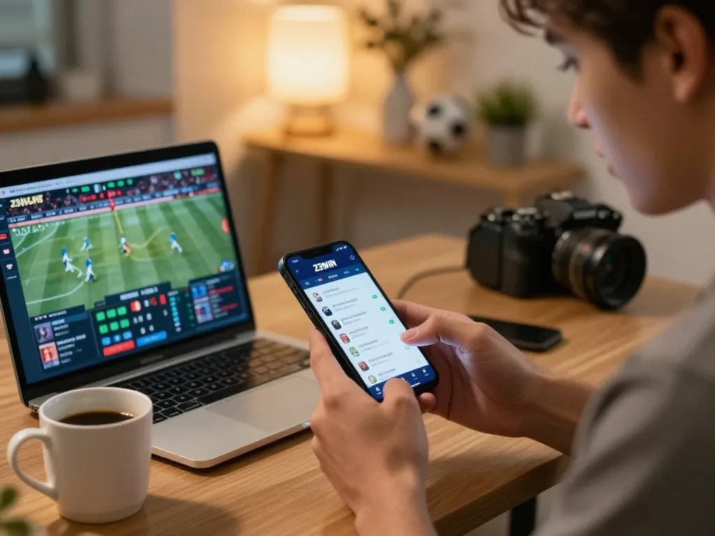 Player analyzing sports odds on 23WIN app while enjoying a drink at home