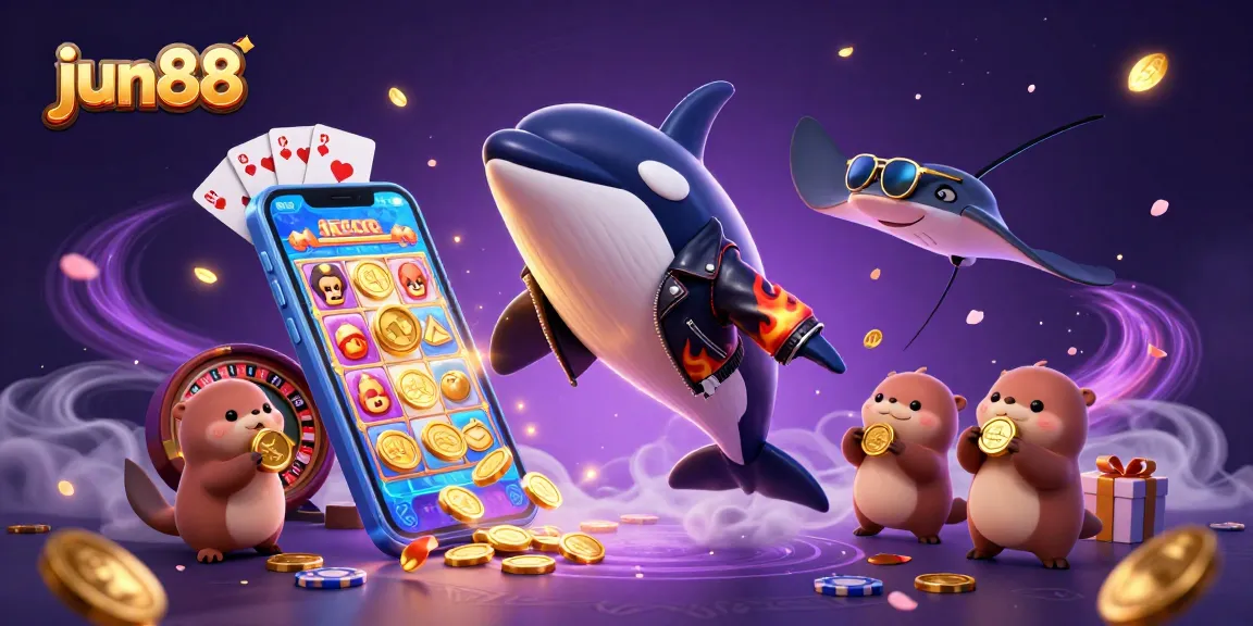 Experience thrilling wins at jun88 as the orca and sea otters celebrate with golden coins in a vibrant casino scene.