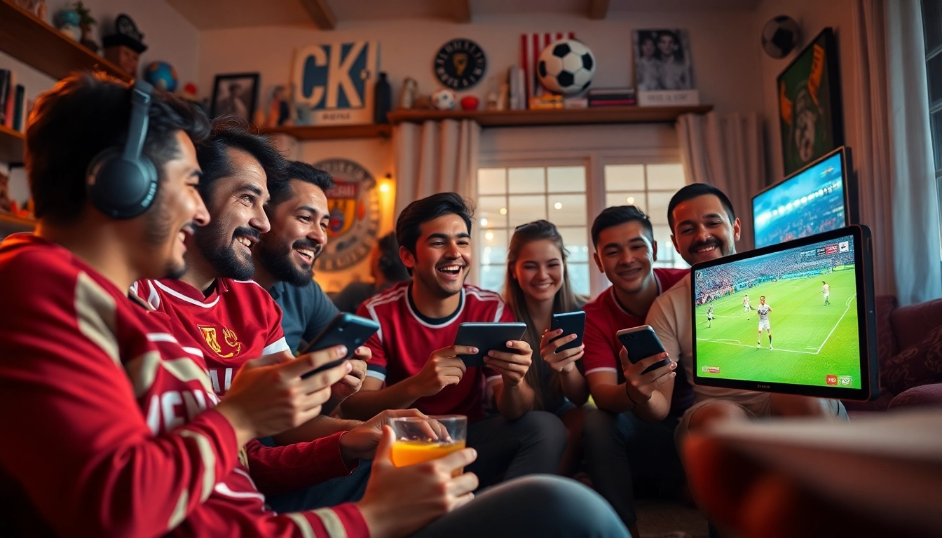 CakhiaTV fans enjoying a lively football match in a cozy setting, showcasing excitement and camaraderie.