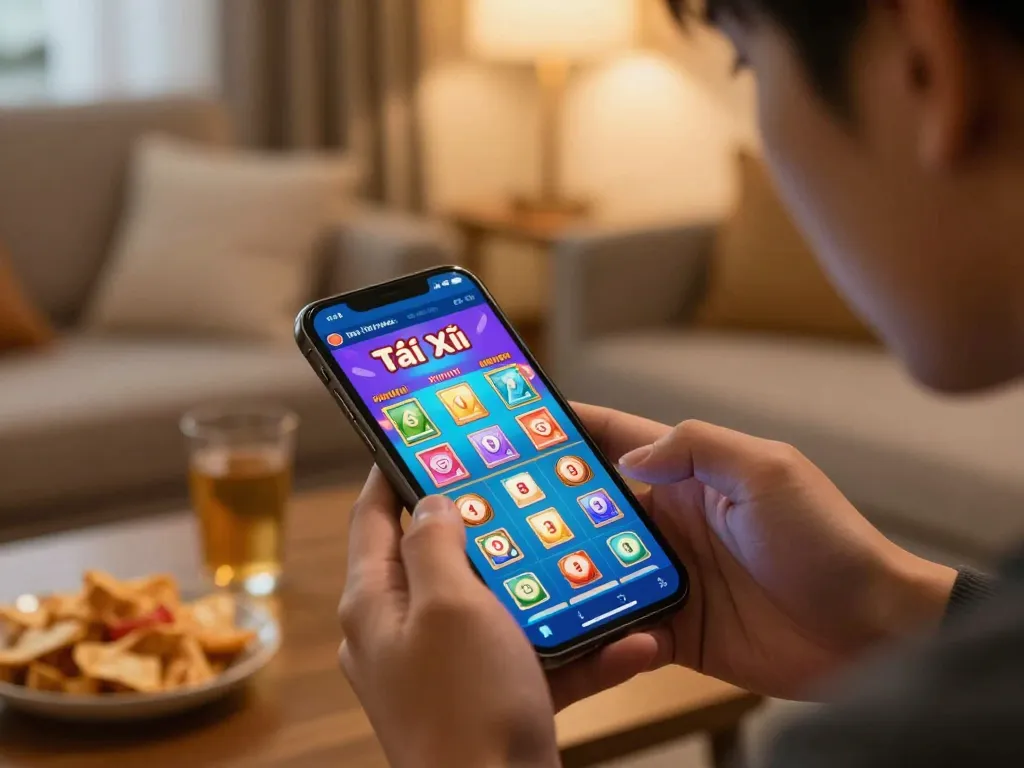 Tài Xỉu online gameplay on smartphone in cozy atmosphere, illustrating engaging and strategic gaming experience.