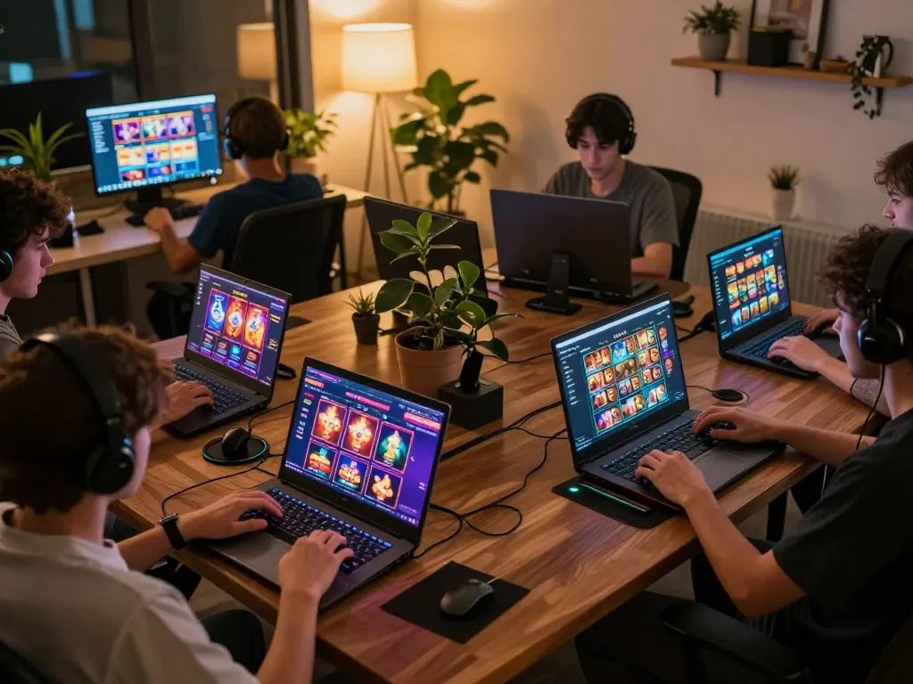 Nohu90 users enjoying online gaming on laptops and tablets in a cozy home office.