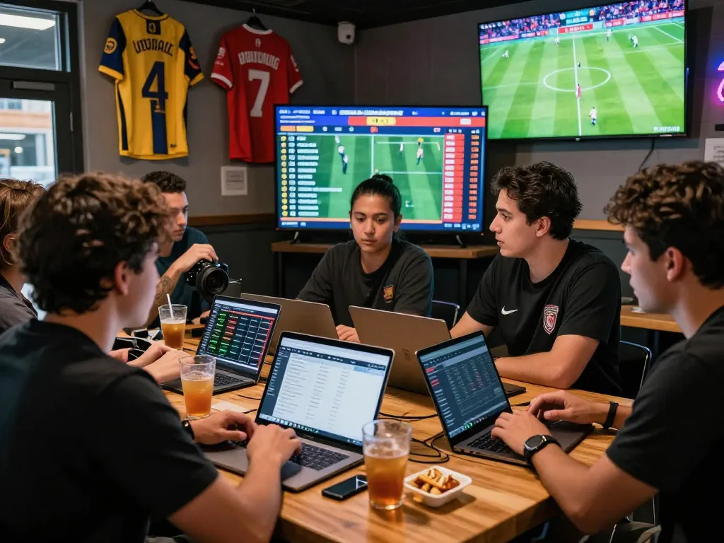 In a vibrant sports bar, friends analyze tỷ lệ kèo nhà cái on screens while strategizing bets during live football matches.