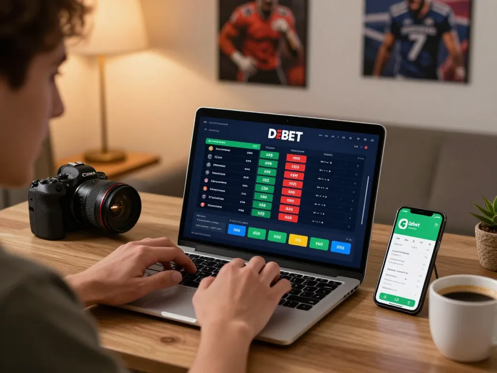 Person engaging in an online sports bet on the Debet platform with a laptop showing live odds.