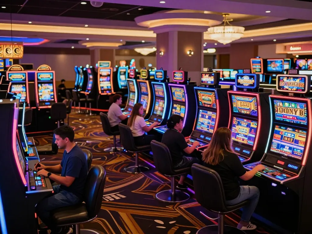 Players spin colorful slot machines at a vibrant casino, highlighting the excitement of 8EE E gaming.