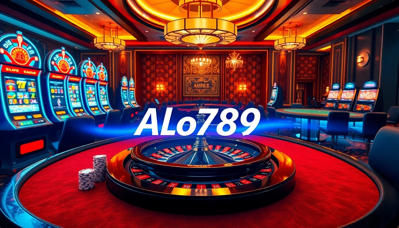 ALo789 casino scene featuring vibrant slots and poker tables, showcasing high-stakes excitement.