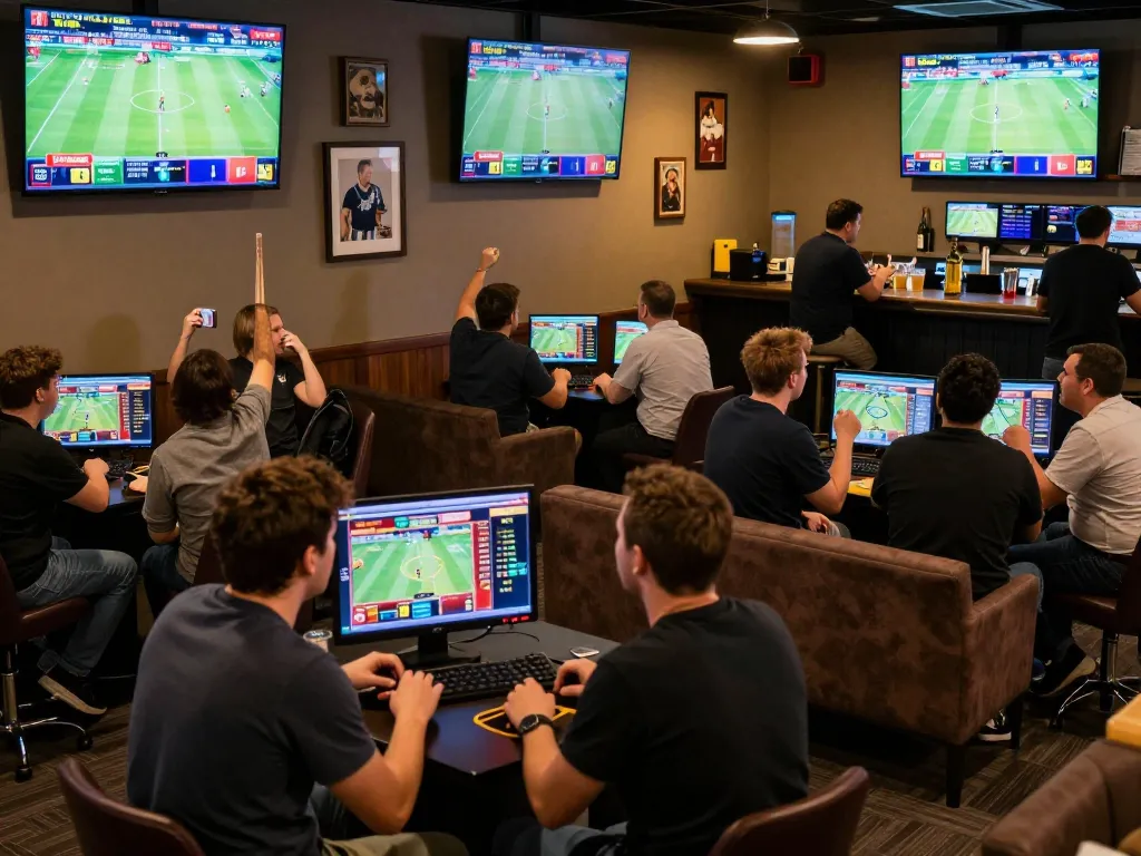 Engaged sports bettors celebrating wins on the 7M platform in a lively lounge setting.