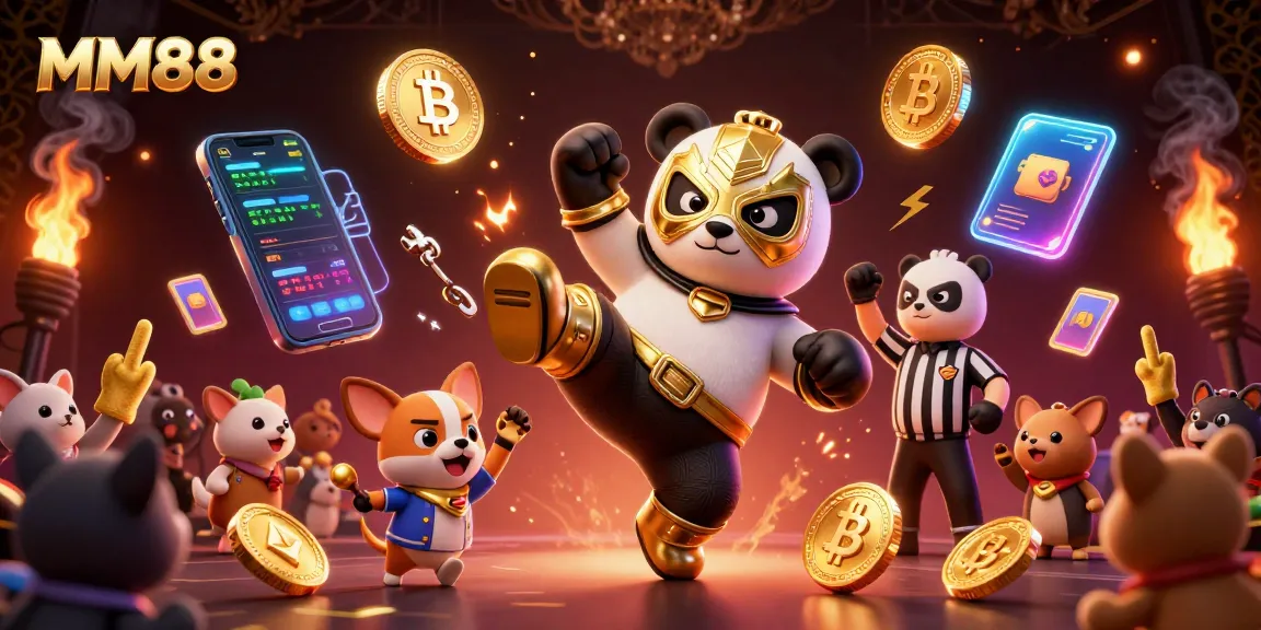 Engage with MM88's vibrant casino scene featuring a wrestler panda and crypto elements.