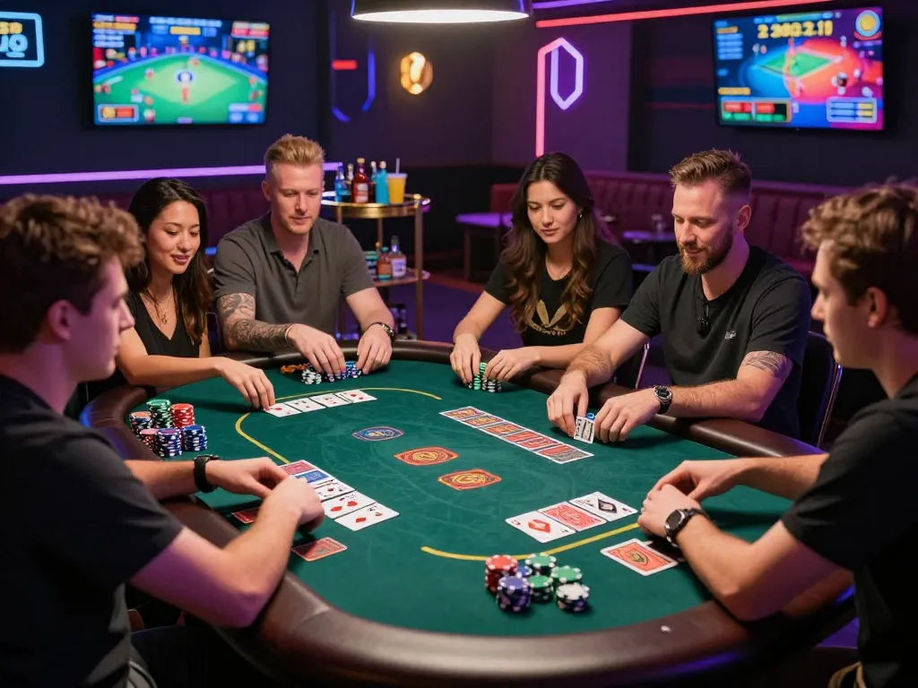 Engaged players at a Bomwin gaming table with colorful chips and cards in a vibrant casino atmosphere.