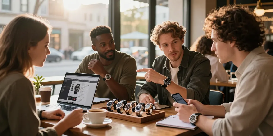 Watch enthusiasts discussing high-quality replica watches in a trendy cafe.