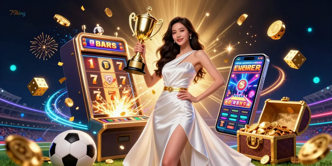 79king gambler confidently celebrating with a trophy while surrounded by exciting casino elements.